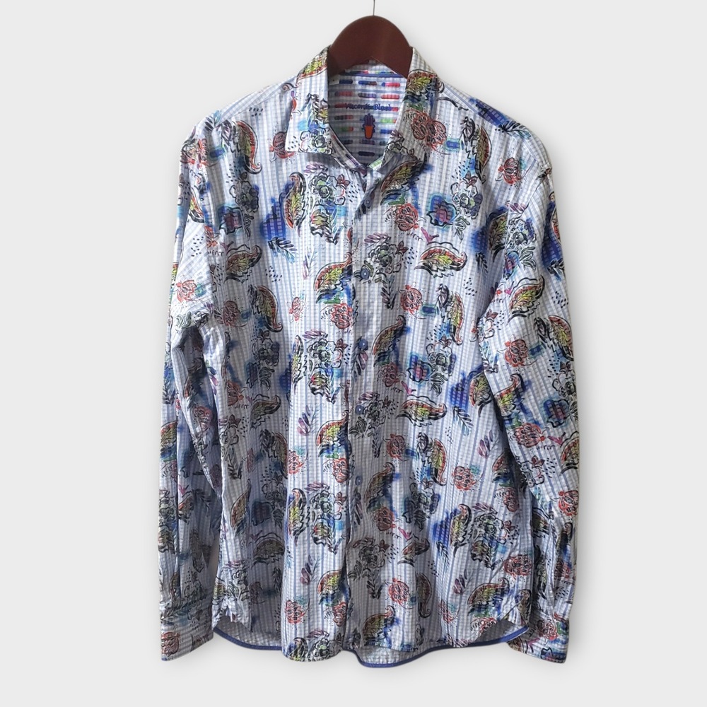 Visconti Black Mens Colorful Paisley Floral Striped Button Down Shirt Blue Large